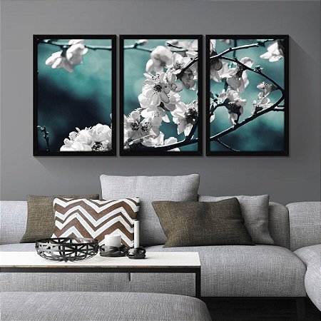 Quadro Decorativo Moldura  Sala Jogo 3 Peças Ramos Flor