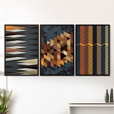 Quadro Decorativo Moldura Jogo Sala Quarto Triângulos Marrom
