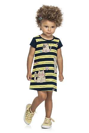 Vestido Infantil Menina Gatitta Listas Amarelo