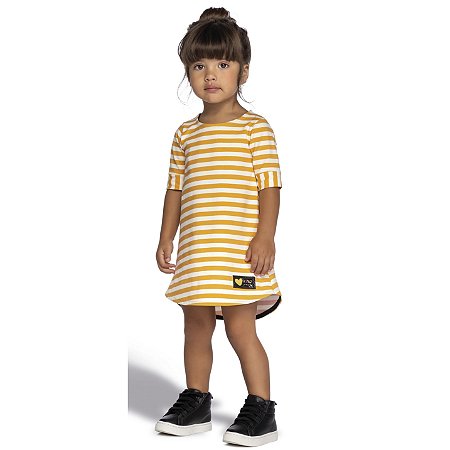 Vestido Infantil Menina Mullet Algodão Listras Amarelo Coloritá