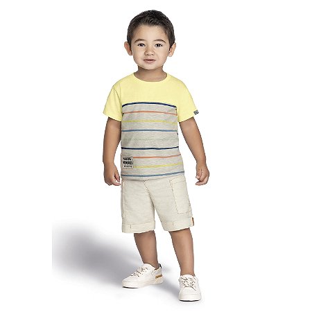 Camiseta Infantil Menino Cotton Confort Listras Barquinhos Amarelo Coloritá