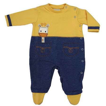 Macacão Algodão Unissex Girafinha Jeans Baby Fashion Petit