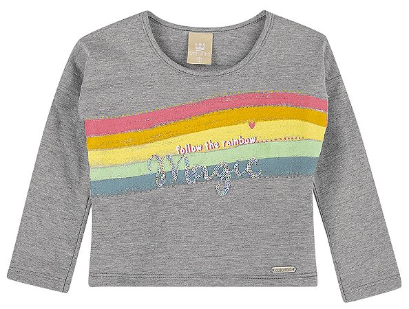 Camiseta Infantil Menina Manga Longa Lantejoula Arco Iris Bailarina Coloritá Cinza