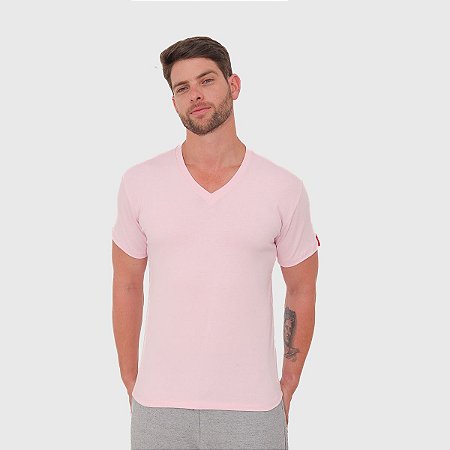 Camiseta Slim Basic Gola V Rosa Claro
