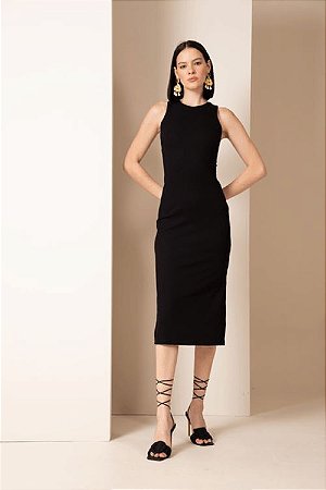 Vestido Midi Canelado Preto