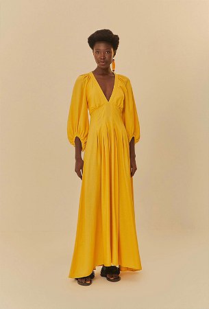 VESTIDO LONGO MANGAS PREGAS AMAREVO CEVADA FARM