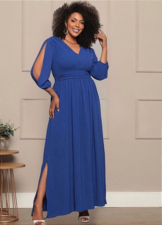 Vestido Longo Plus Size Feminino Fenda Manga 3/4 Elegante