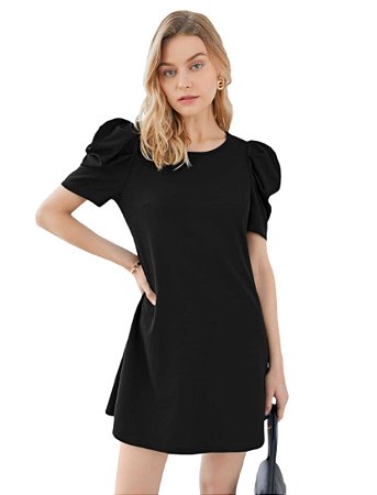 Vestido feminino casual de verão bufante manga curta gola redonda elegante vestido evasê