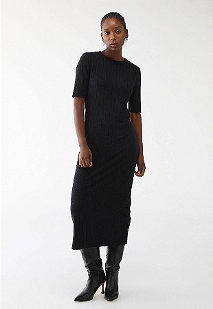Vestido Canelado Forum Midi Liso Preto- Forum