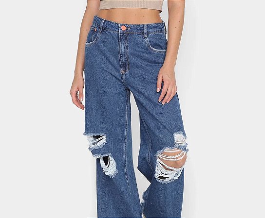 Calça Jeans Lança Perfume Wide Leg Destroyed Azul cintura alta
