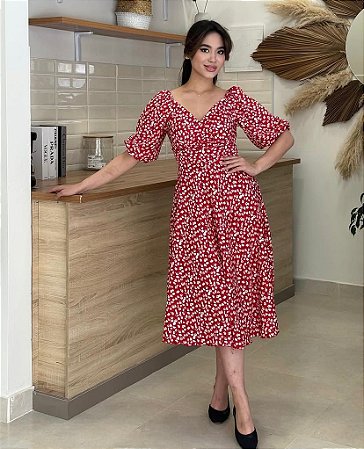Vestido Midi Tule Floral Mangas