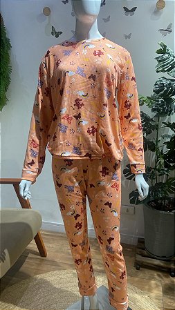Pijama Feminino Adulto Em Suede Canelado Estampado
