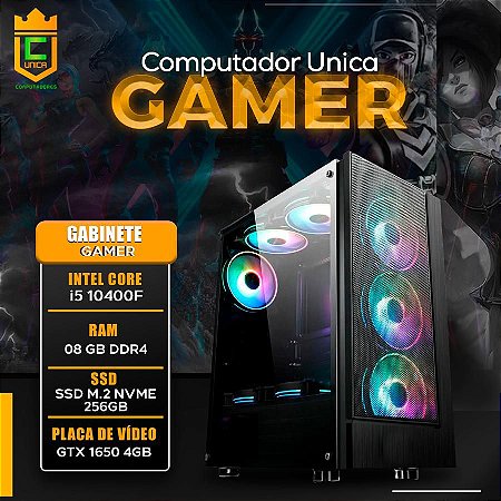 Computador Gamer Unica, Intel i5 10400F, 8Gb DDR4, SSD M.2 NVME 256GB, GTX 1650 4GB