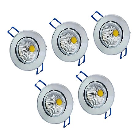 kit 5 unidades Spot de LED embutir redondo direcionável 3w branco frio