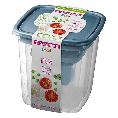Conjunto de 5 Potes de Plástico Sanremo Fácil com Unidades de 200ml, 800ml, 1700ml, 4500ml e 7000ml - Sortidos
