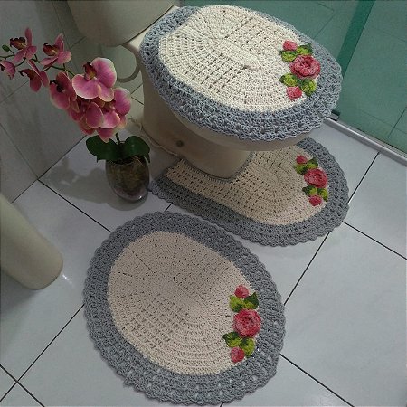 Tapete Banheiro Crochê Jogo Com 3 Peças Flores Promoção Cor - Cinza