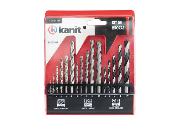 Kit Brocas Kanit C/ 16 Peças para Concreto, Madeira e Metal Kbkite003