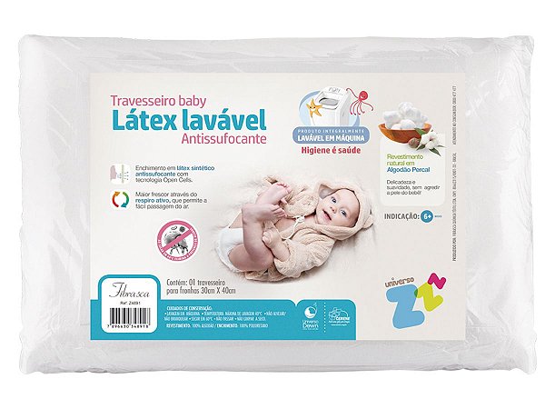 Travesseiro Látex Lavável Baby Capa Percal 180 fios Lavável em máquina 30x40cm Fibrasca