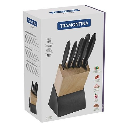 Jogo Facas 6 Peças Tramontina Plenus Preto com Suporte Madeira - Aço Inox Cabo Polipropileno Cozinha