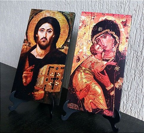 Conjunto Pantocrator do Sinai + Theotokos de Vladimir - a Virgem Mãe da Ternura - Portadora de Deus