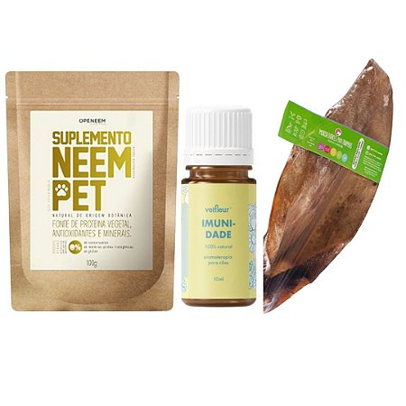 Kit Suplemento Neem Pet, Aromaterapia em Gotas Imunidade e Mordedor Orelha Bovina