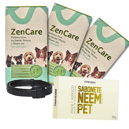 Kit com 3 Coleiras Naturais ZenCare Erva de Santa Maria e Sabonete Neem Pet