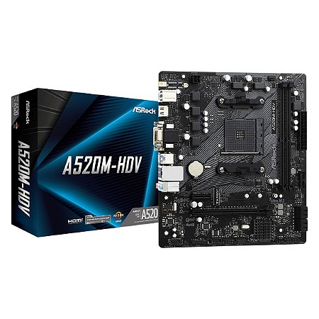 Placa Mãe Am4 Asrock A520M-Hdv, Ddr4 64Gb, M2/Nvme, Hdmi, Dvi, Vga