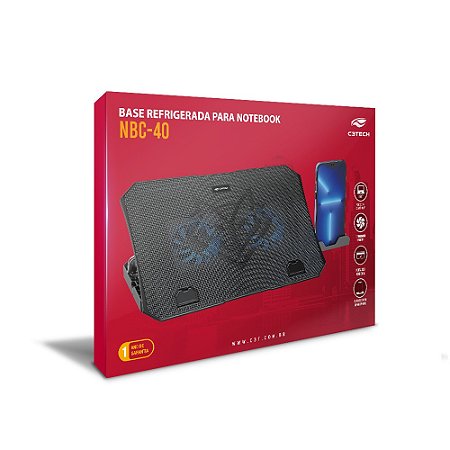 Base Notebook C3Tech Nbc-40Bk, 15.6", Preto, Usb 2.0, 2 Fans 12X12 Cm, Led Azul