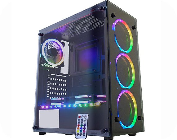 Gabinete Gamer Kmex CG-02N9 Atlantis 2, Vidros, 3 Fan Ring 1 Fita RGB Rainbow Sem Fonte