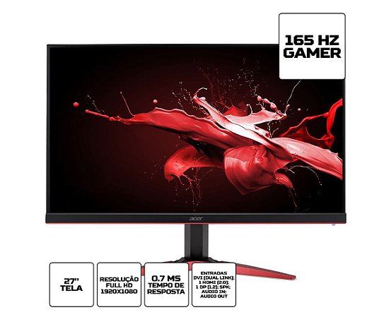 Monitor Gamer Led 27 Acer Kg271 Pbmidpx, 07Ms, 165Hz, Full Hd, Hdmi, Displayport, Amd Freesync