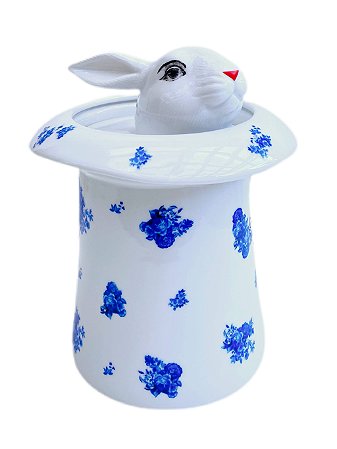 Cartola em porcelana com tampa Coelho - Floral azul