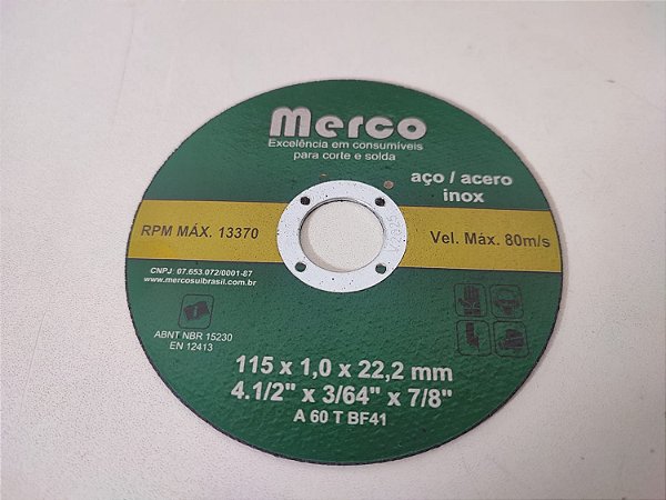 Disco de Corte  4.½" 1,0 Inox Caixa com 400 Unidades - MERCO