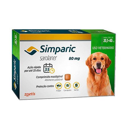 Antipulgas Simparic 80 mg para cães 20,1 a 40 kg - Zoetis