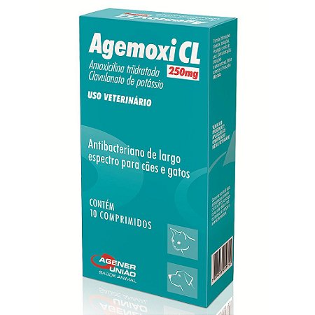 Agemoxi CL 250mg Antibiótico 10 comprimidos Cães e Gatos Agener União