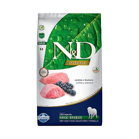 Ração N&D Prime para Cães Adultos de Raças Grandes Sabor Cordeiro e Blueberry - Maxi 10Kgs