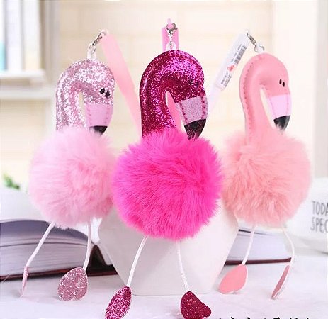 Caneta Flamingo Pompom e Glitter