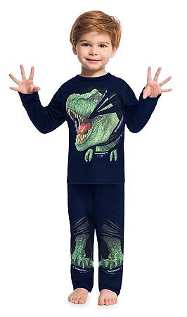 Pijama Longo Infantil Dinossauro 3D Brilha no Escuro Kyly 207548