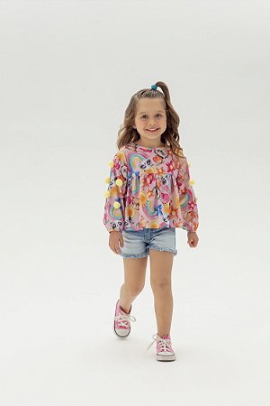 Conjunto Infantil Short Jeans e Blusa Manga Longa Arco Iris - Mon Sucre - 1609