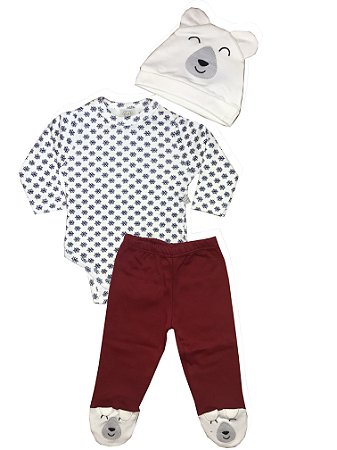 Conjunto Bebê Body Longo + Calça Urso + Touca Pingo Lelê 66509