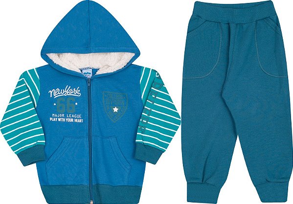 Conjunto Infantil Casaco com Ziper e Touca Azul  + Calça Moletom Serelepe 4858