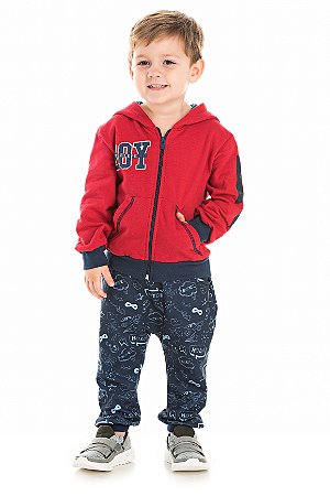 Conjunto Infantil Calça Moletom Saruel + Casaco com Ziper e Capuz Vermelho Serelepe 5410