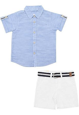 Conjunto Infantil Masculino Camisa Azul e Bermuda em Sarja com Cinto Milon 11223
