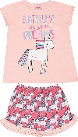 Pijama Infantil Camiseta Uncornio Rosa + Short Serelepe 5130