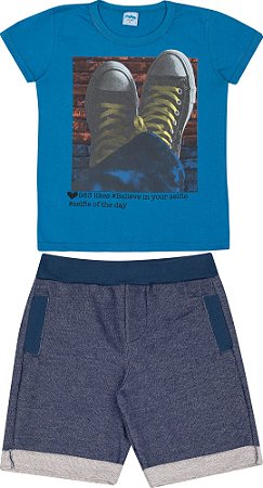 Conjunto Infantil Camiseta Azul + Short Moletinho Serelepe  5122