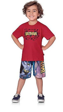 Conjunto Camiseta + Short Tactel Batman Fakini 2465 Vermelho