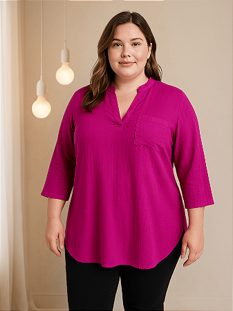 Camisa Feminina Plus Size Alongada Mullet Blusa Manga 3/4