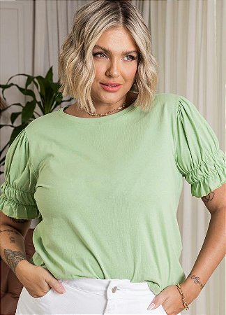 Blusa Feminina Plus Size em Malha de Algodão Manga Princesa