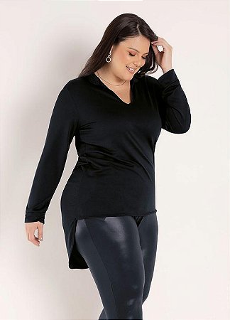 Calça Legging Plus Size Feminino Crepe Com Recorte Preto