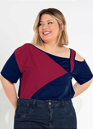 Blusa Feminina Plus Size Recorte Bicolor Várias Cores