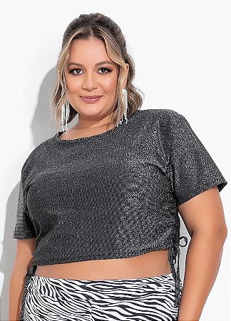 Blusa Feminina Cropped Festa Malha Prateada Plus Size